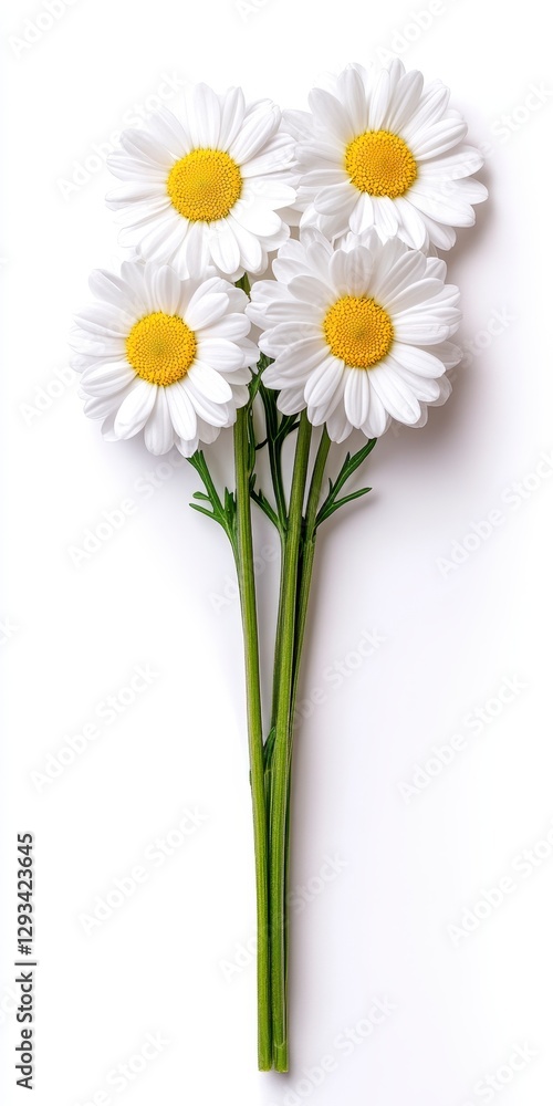 Obraz premium Close up view of four white daisies with yellow centers, arranged in a small bouquet with green stems against a white background