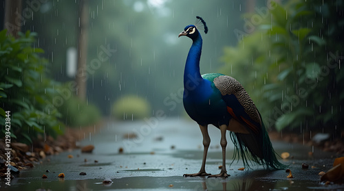 A majestic peacock stands gracefully on a wet path in the rainforest as raindrops fall. Its iridescent blue and green feathers shimmer against the misty, lush background of the jungle.