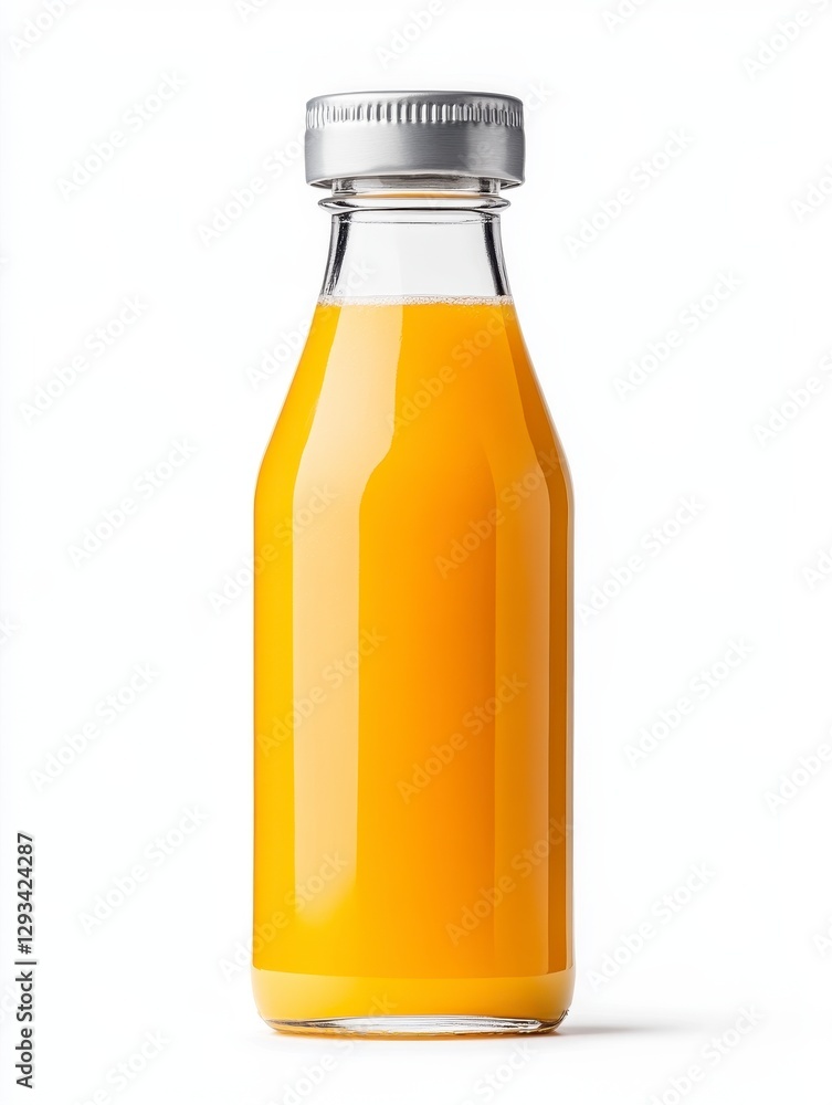 Glass bottle filled with vibrant orange juice against a white background. The bottle has a silver cap. Product photography style Glass bottle filled with vibrant orange juice against a white background. The bottle has a silver cap. Product photography style