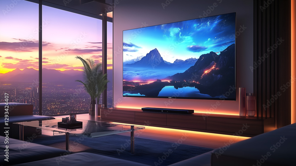 Fototapeta premium High-End Living Room with a Massive 8K TV and City Skyline View