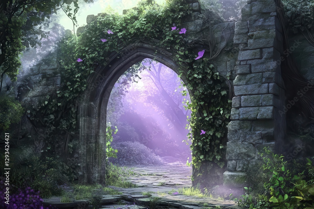 otherworldly stone archway draped in ivy glowing portal to a lush fantasy realm misty purples and greens magical aura otherworldly stone archway draped in ivy glowing portal to a lush fantasy realm misty purples and greens magical aura
