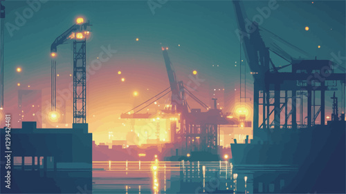A digital painting depicting a nighttime harbor scene. The image shows multiple large cranes silhouetted against a twilight sky.  Warm-toned lights illuminate the cranes and surrounding structures,
