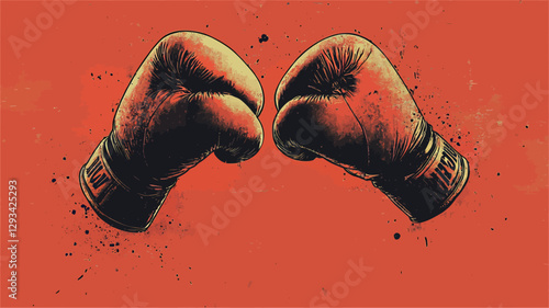 A stylized illustration depicting a pair of boxing gloves facing each other against a red background. The gloves are rendered in dark tones with a textured appearance, suggesting a gritty or
