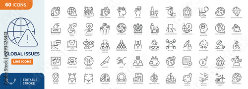 Global issues line editable icon set. Containing icons related to global issues, Social issue, problems, and more. Vector illustration