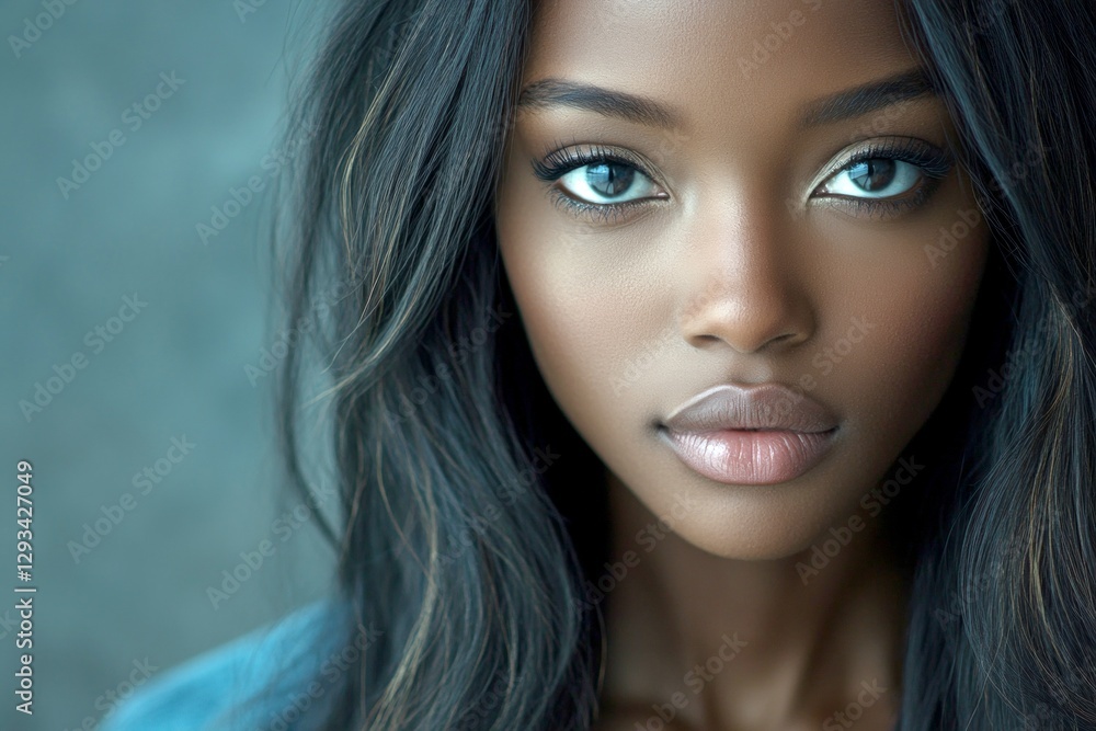 Fototapeta premium Commercial ad idea. Long trim - highlighted hair. Pretty calm black girl - for ads, ad page and social networks use. Black elegance concepts. Long hair beauty. Long hair fashion. Black beau.