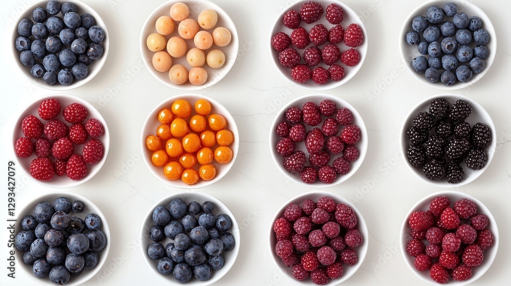 Fototapeta premium Overhead shot of bowls of fresh berries. Includes blueberries, raspberries, blackberries, and golden berries.