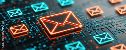 marketing automation lead customer concept. Digital email icons on a circuit board background glowing in neon colors.