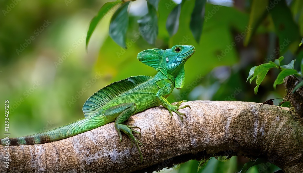 Vivid Green Common Basilisk Lizard in the Exotic Rainforest of Tortuguero National Park, Costa Rica, Captured against a Moody Backdrop with Bold Textures and Vibrant Colors. Vivid Green Common Basilisk Lizard in the Exotic Rainforest of Tortuguero National Park, Costa Rica, Captured against a Moody Backdrop with Bold Textures and Vibrant Colors.