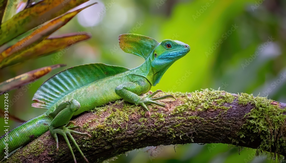 Vigilant Basilisk Lizard in the Tropical Rainforest of Tortuguero National Park, Costa Rica, Showcasing the Green Jungles Wildlife and Biodiversity Amidst a Striking Display of Agility. Vigilant Basilisk Lizard in the Tropical Rainforest of Tortuguero National Park, Costa Rica, Showcasing the Green Jungles Wildlife and Biodiversity Amidst a Striking Display of Agility.