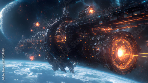 Fototapeta Naklejka Na Ścianę i Meble -  space station orbiting a distant planet, with intricate mechanical details and glowing energy cores 