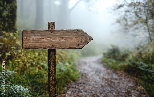 Wooden signpost points the way through misty forest path