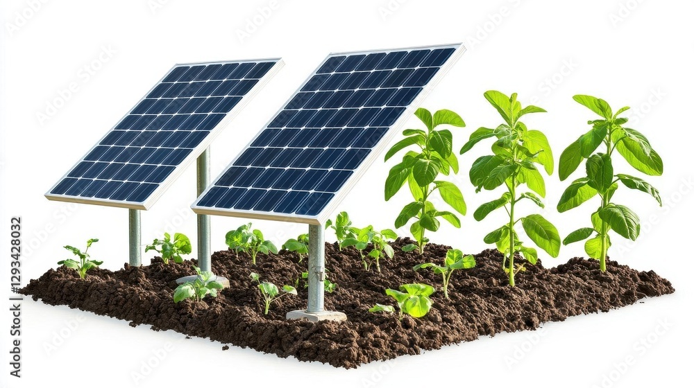 Fototapeta premium Solar panels with green plants, renewable energy concept, isolated background.