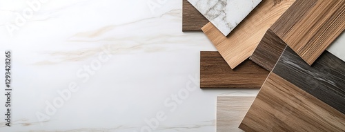 Flat lay displays a curated palette of beige and brown interior materials alongside natural greenery on a white backdrop