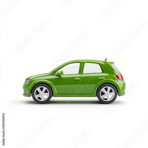 Green subcompact car, side profile view, isolated on white background. Clean lines, simple design, studio lighting
