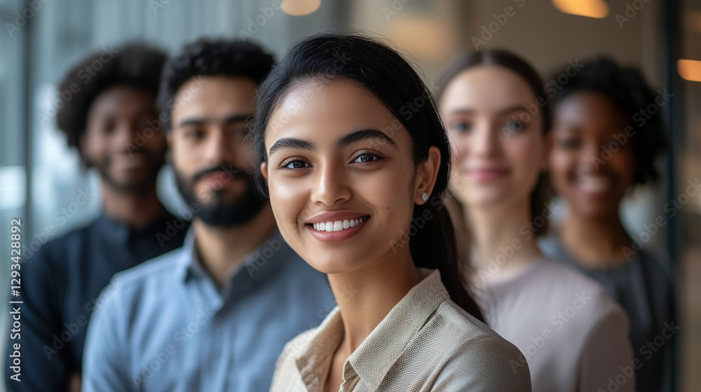 Close-up portrait of smiling people from different ethnicities standing side by side in an office setting, looking at the camera with determination and confidence. Close-up portrait of smiling people from different ethnicities standing side by side in an office setting, looking at the camera with determination and confidence.