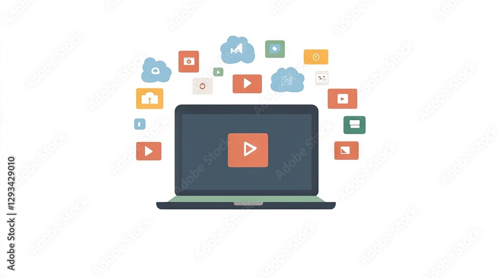 A sleek laptop surrounded by floating cloud-based application icons. A sleek laptop surrounded by floating cloud-based application icons.