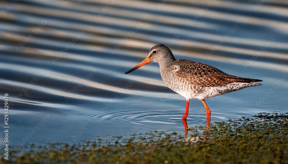 Majestic Common Redshank Amidst the Mudflats, Contrasting its Striking Plumage Against the Backdrop of a Tranquil Sunset, Showcasing a Moment of Serene Beauty in the Wetland Wilderness. Majestic Common Redshank Amidst the Mudflats, Contrasting its Striking Plumage Against the Backdrop of a Tranquil Sunset, Showcasing a Moment of Serene Beauty in the Wetland Wilderness.