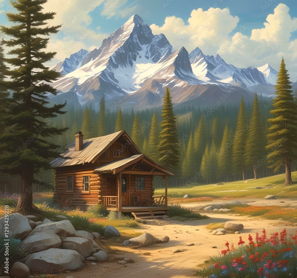 Fototapeta premium Wild landscape with stunning view and woden cottage.