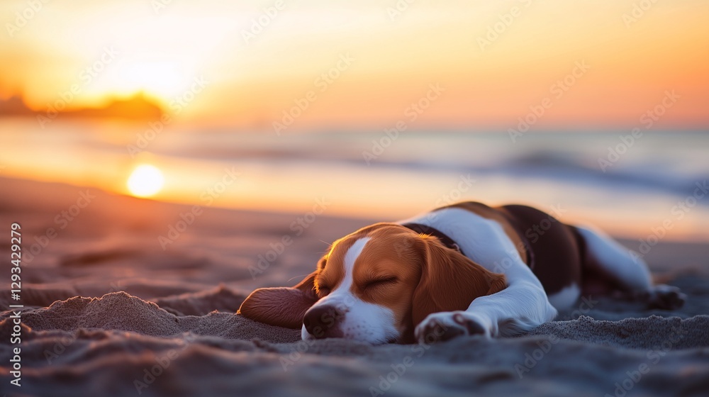 Naklejka premium Beagle śpiący na piaszczystej plaży o zachodzie słońca