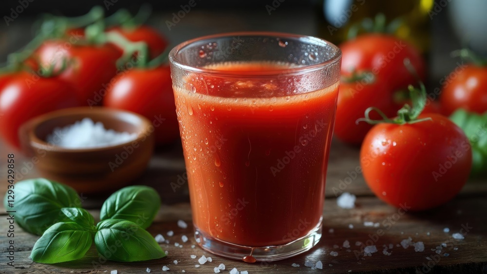 Fresh tomato juice served in a glass with tomatoes and basil on rustic wooden table Fresh tomato juice served in a glass with tomatoes and basil on rustic wooden table