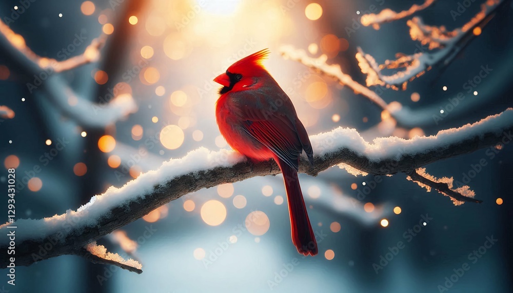 Fototapeta premium Vibrant Red Cardinal on a Snowy Branch – Winter Wonderland with Glowing Lights.