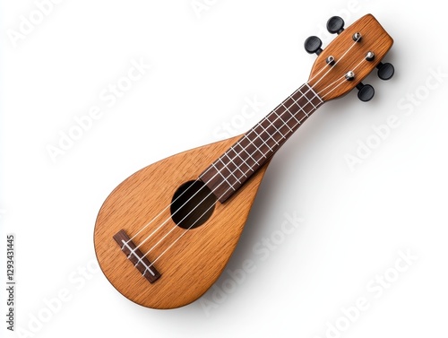 Overhead view of a miniature ukulele with a pearlescent wooden body and dark fretboard against a white background