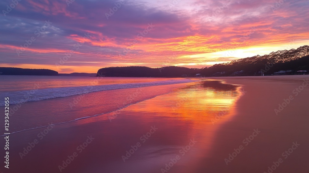 Fototapeta premium Stunning sunset over a quiet beach with golden sand, reflecting vibrant hues of orange, pink, and purple across the sky and water