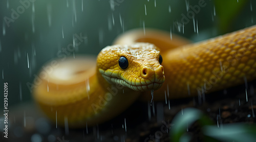 A vibrant yellow snake slithers through a lush rainforest, its scales glistening under the falling rain. With piercing eyes and a poised stance, it moves gracefully through the wet foliage.