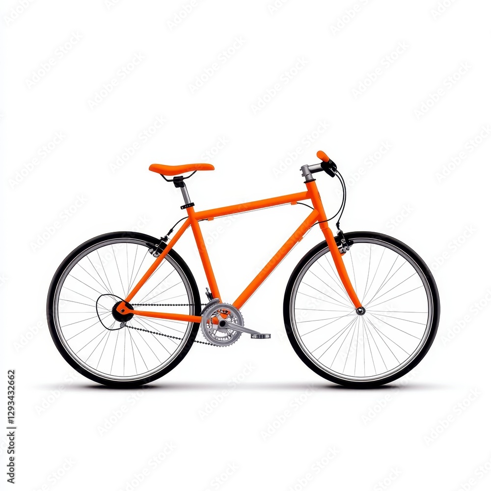 Orange bicycle on white background, studio shot. The bike has thin tires and a simple frame Orange bicycle on white background, studio shot. The bike has thin tires and a simple frame