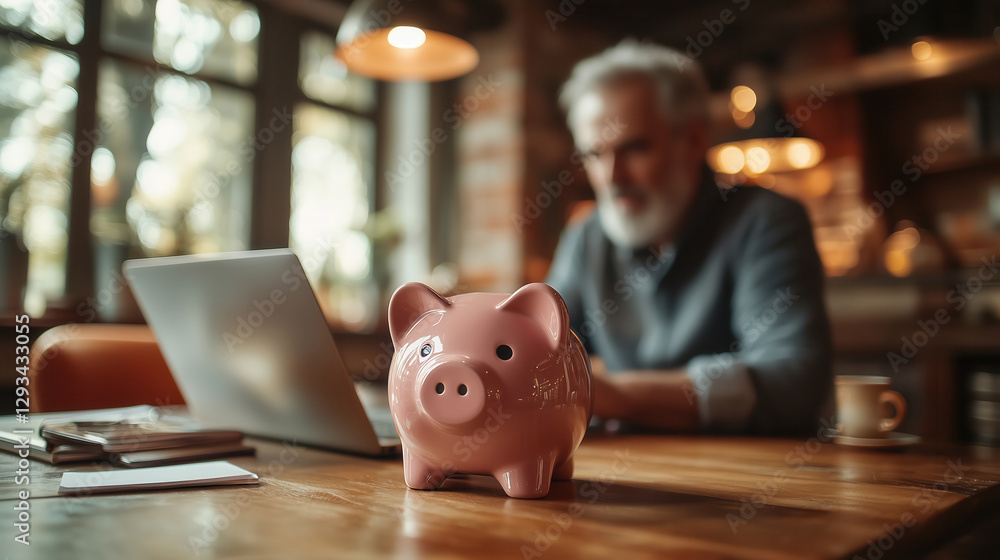 Person Working on Laptop with Piggy Bank in Foreground Surrounded by Warm Indoor Ambiance and Natural Light Person Working on Laptop with Piggy Bank in Foreground Surrounded by Warm Indoor Ambiance and Natural Light