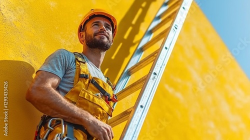 Worker on Ladder Against Yellow Wall