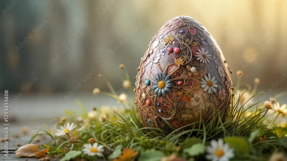 Easter. An intricate decorative egg resting amongst wildflowers on a serene spring morning. Easter decoration Easter. An intricate decorative egg resting amongst wildflowers on a serene spring morning. Easter decoration