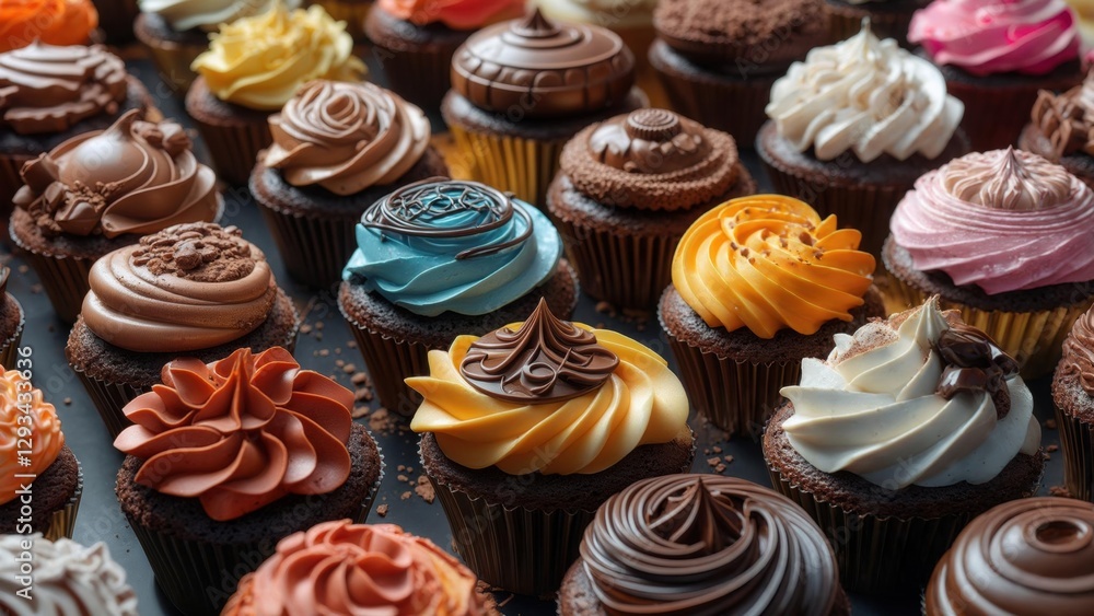 Delicious display of assorted cupcakes at a vibrant pastry shop Delicious display of assorted cupcakes at a vibrant pastry shop