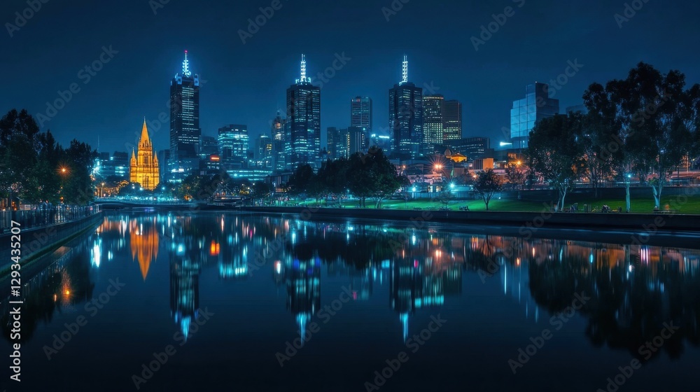 Vibrant city skyline at night reflecting over a calm river, with famous landmarks lit up Vibrant city skyline at night reflecting over a calm river, with famous landmarks lit up