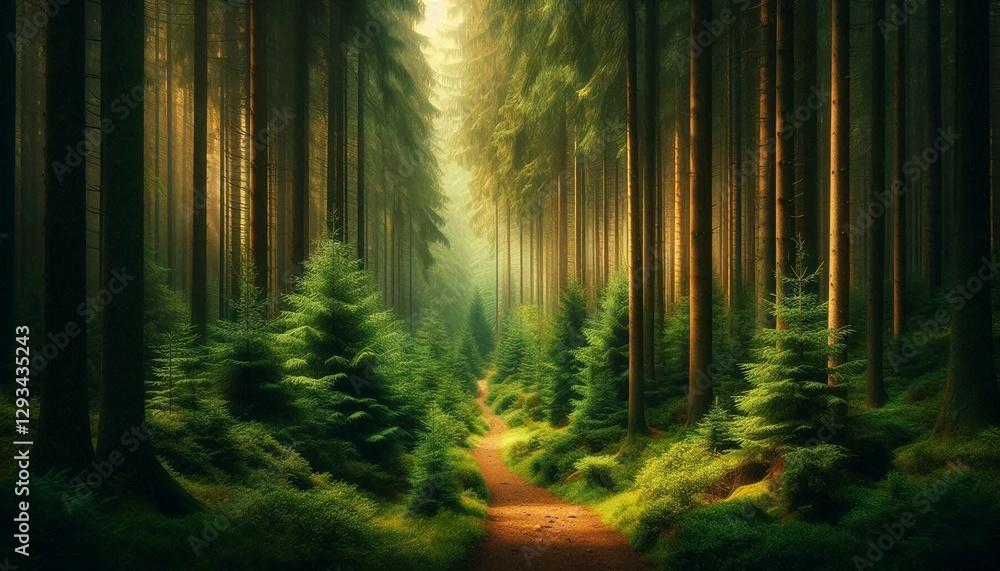 Fototapeta premium Enchanting Forest Pathway – Tranquil Nature Landscape, Green Wilderness, and Serene Woodland Scene.