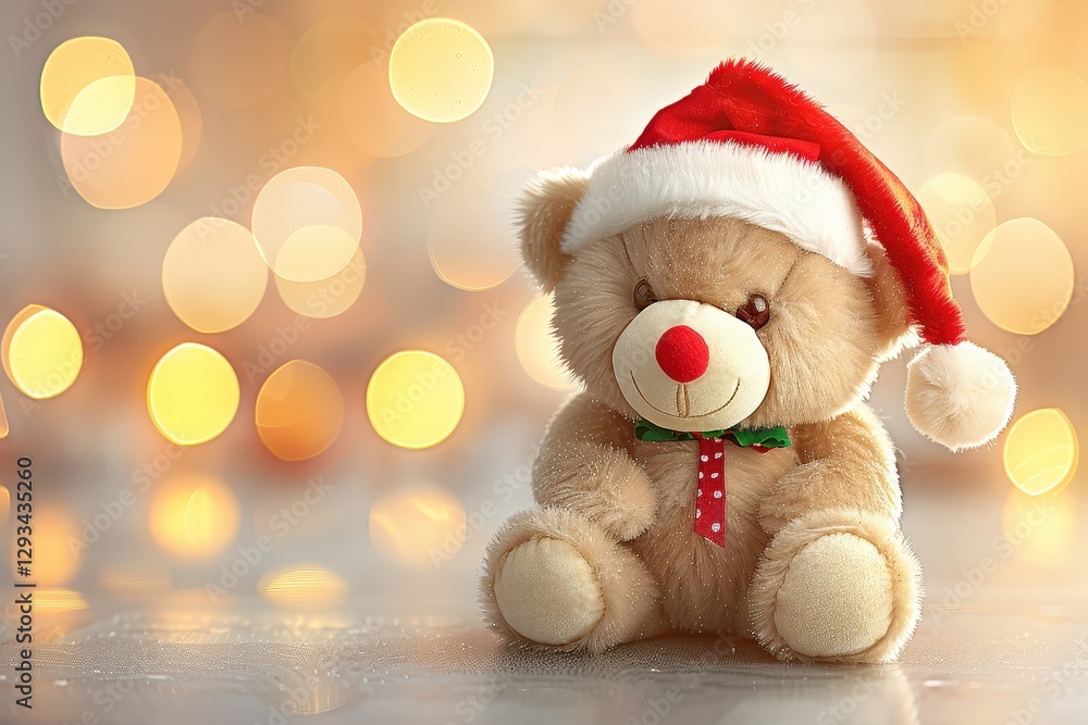 A cheerful teddy bear in a Santa hat, set against a soft, glowing background, perfect for holiday decorations and gifts. A cheerful teddy bear in a Santa hat, set against a soft, glowing background, perfect for holiday decorations and gifts.