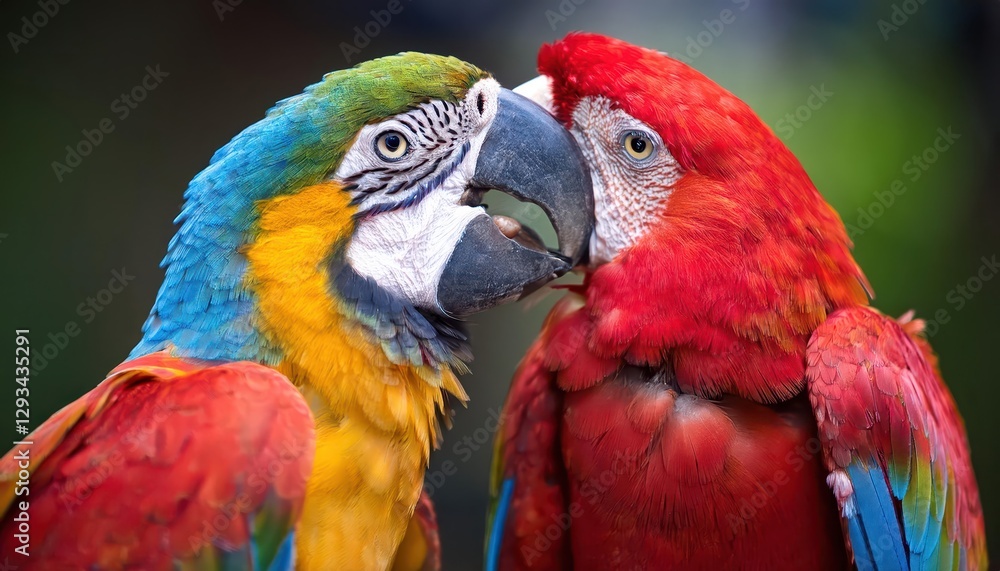 Vibrant Tropical Mosaic Scarlet and Blueandyellow Macaws in a Bold, Striking Display of Colors, Amidst the Lush Rainforest Canopy Vibrant Tropical Mosaic Scarlet and Blueandyellow Macaws in a Bold, Striking Display of Colors, Amidst the Lush Rainforest Canopy