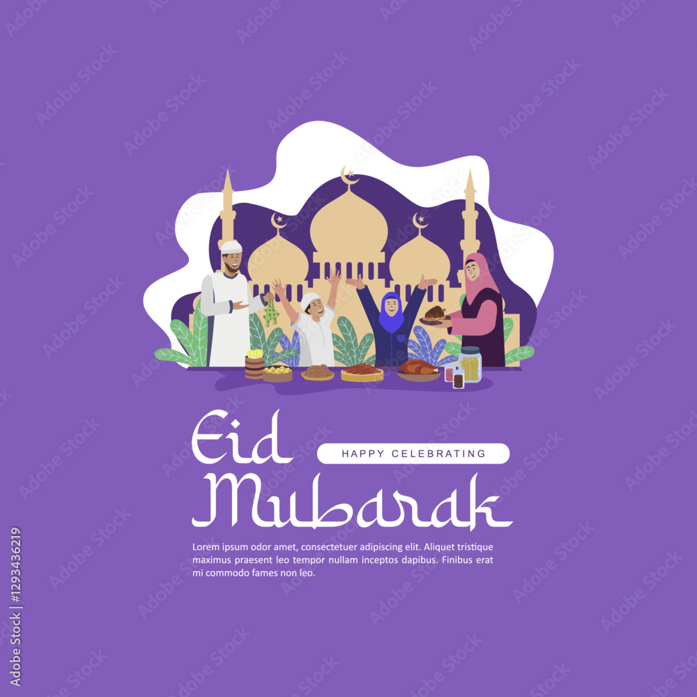 Eid Mubarak 2025 celebration with happy muslim family enjoying festive meal and new clothes. Best illustration for Islamic holiday, Ramadan feast, and Eid Mubarak tradition. Vector illustration.