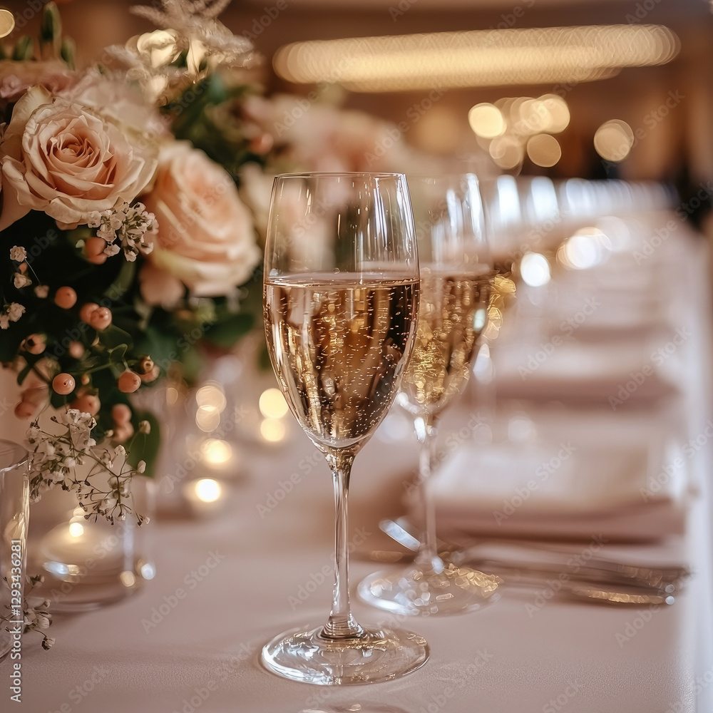 Elegant wine glasses filled with sparkling beverage, surrounded by floral arrangements Elegant wine glasses filled with sparkling beverage, surrounded by floral arrangements