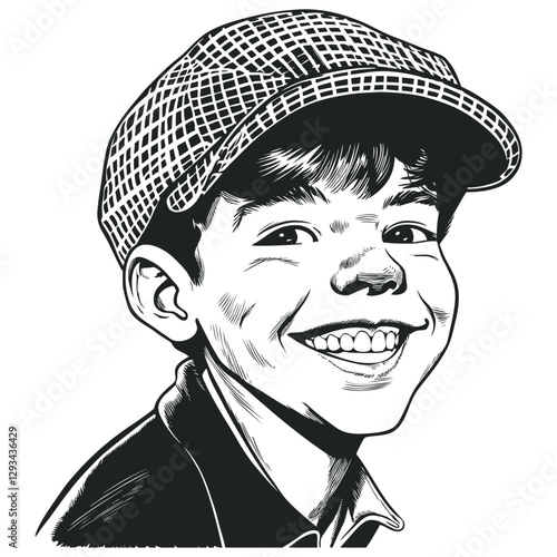 Vector illustration of a cheerful boy wearing a checkered newsboy cap, smiling broadly. A detailed black and white portrait with a vintage, hand-drawn feel.