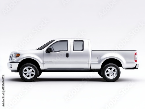 Silver pickup truck, side profile view on white background. Clean lines, metallic finish, four doors, large cargo bed