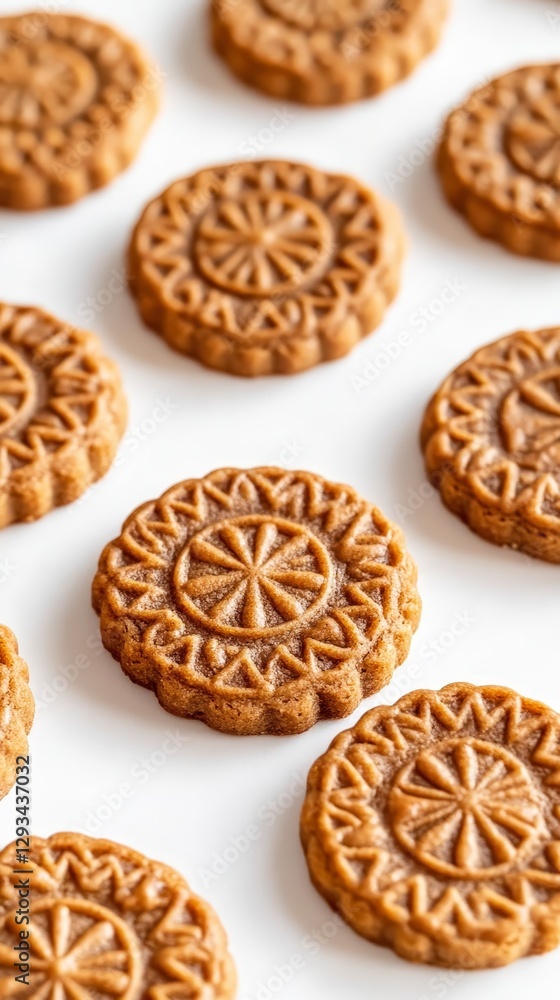 Delicious Spiced Cookies with Intricate Designs on White Background Delicious Spiced Cookies with Intricate Designs on White Background