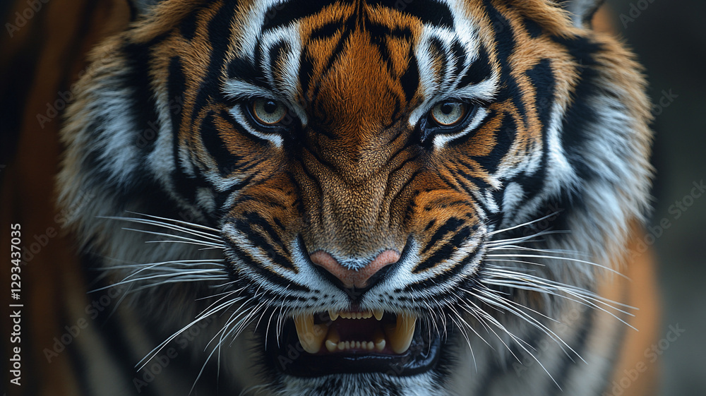Obraz premium A majestic tiger's intense gaze, a raw display of power and untamed beauty, captured in striking detail with dark, moody lighting.