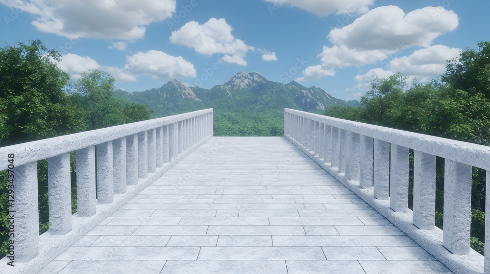 Obraz premium Stone bridge with a classic balustrade overlooking lush green mountains and forest under a blue cloudy sky.