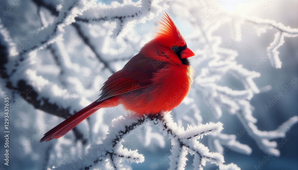 Vibrant Red Cardinal on a Snowy Branch – Winter Wonderland with Glowing Lights.