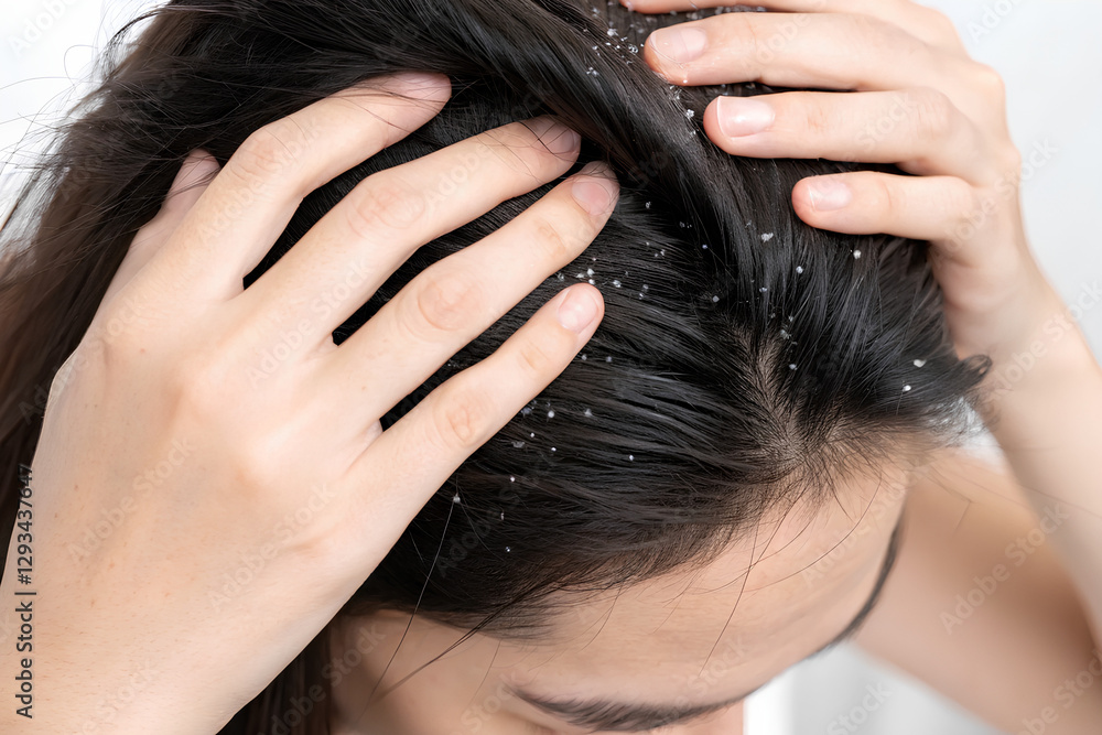 Fototapeta premium Close-up of a person parting their dark hair to reveal dandruff flakes on the scalp, highlighting dry scalp and hair issues