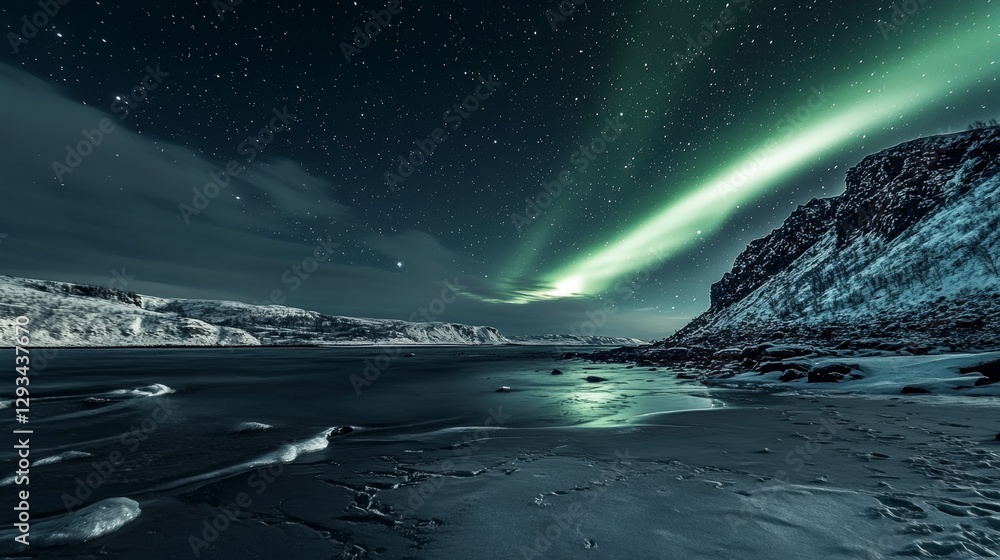 Fototapeta premium Majestic Northern Lights Over Icy Landscape at Night Sky