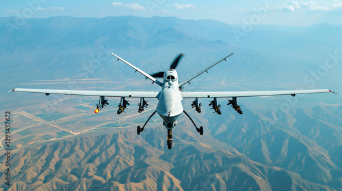 military attack drone flying in the sky clouds.
