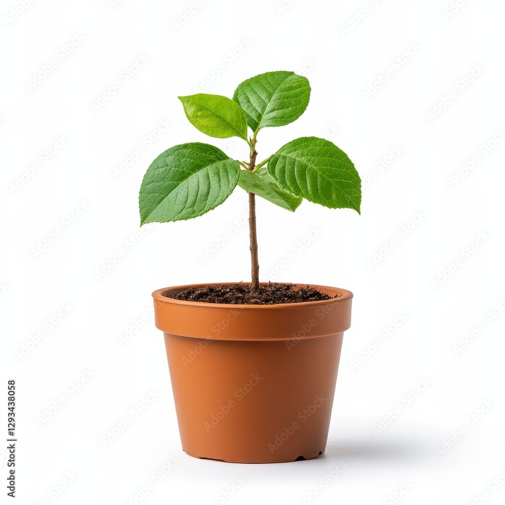 Small green plant with vibrant leaves in a terracotta pot against a white background. The image is simple and clean, showcasing new growth Small green plant with vibrant leaves in a terracotta pot against a white background. The image is simple and clean, showcasing new growth