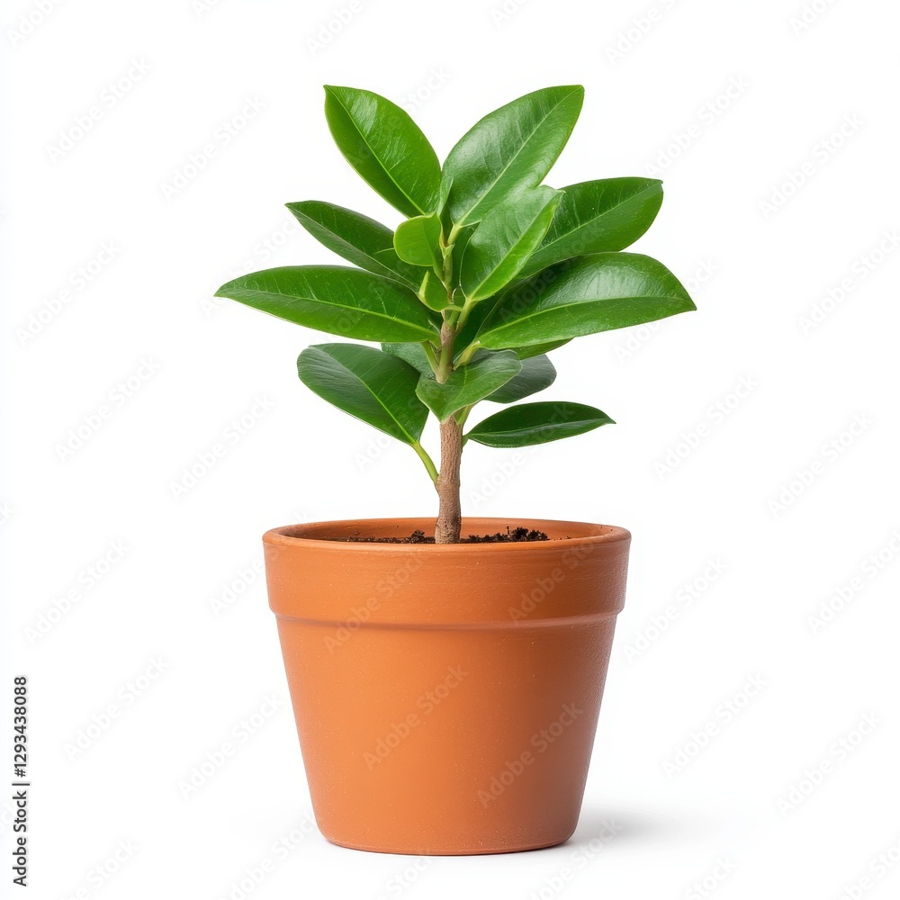 Small green plant in a terracotta pot against a white background. The plant has vibrant green leaves and a slender brown stem. The pot is speckled Small green plant in a terracotta pot against a white background. The plant has vibrant green leaves and a slender brown stem. The pot is speckled